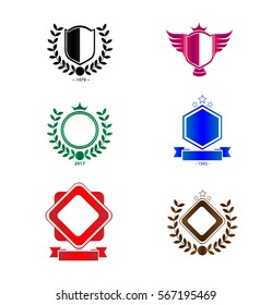 Set of Colorfully Shield Logo Icon Design Template With Wheat, Crown, Star and Wings Decorative Icon