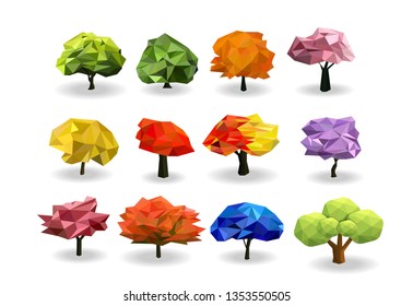 Set colorfully tree low polygon,isolated with white background,triangle and geometric shape design 