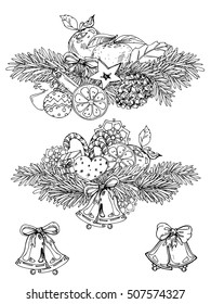 Set for coloring book for adult and children. Pattern for coloring book. Christmas hand-drawn decorative elements in vector. New Year and Christmas Template