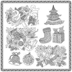 Set For Coloring Book For Adult And Older Children. Coloring Page With Pattern Made Of Christmas Decorative Elements. 