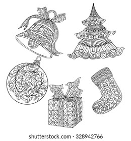 Set for coloring book for adult and older children. Coloring page with  Christmas decorative elements. 