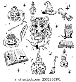 Set coloring book for children stylized cat with a magic wand and magical objects hand drawing. Handmade, isolate on a white background. Vector