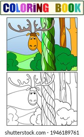 Set of coloring book and color picture. The elk looks behind the tree.