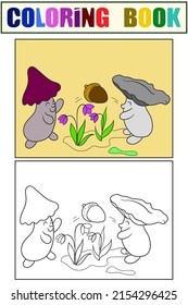 Set of coloring book and color picture. Living mushroom, characters are playing with an acorn.