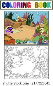 Set Coloring Book And Color Picture, Learning Colors. Children Coloring, Seabed Landscape, Marine Plants.