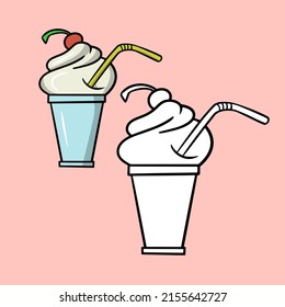 A set for a coloring book. Delicious milkshake with cherries, cold ice cream in a cup, cartoon vector illustration on pink background