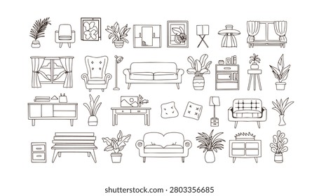Set of coloring book Hand drawn furniture icons set with sofa armchair table and potted plants line art doodles