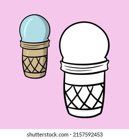 A set for a coloring book. Light blue vanilla and fruit ice cream in a waffle cup, sweet cold dessert, cartoon vector illustration on a pink background