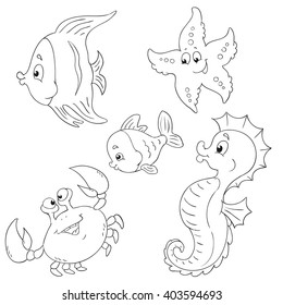 Set for coloring book. Marine life.