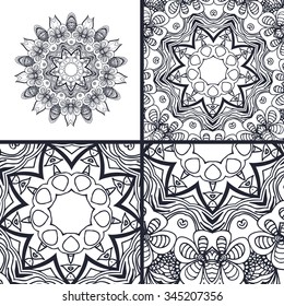 Set of coloring book pages. Mandala. Decorative vector element. Hand drawn texture for relax, meditation.