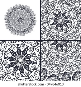 Set of coloring book pages. Mandala. Decorative vector element. Hand drawn texture for relax, meditation.