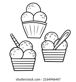 A set for a coloring book. Sweet cold dessert in cups, vanilla ice cream in a striped glass with a sugar tube spoon, cartoon vector illustration