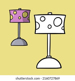 A set of coloring books, a table lamp with a pink shade in cartoon style, vector illustration on a yellow background