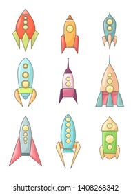 Set of coloring childish spacecraft icons. Linear drawing of shuttles. Different types of rocket. Vector starships for logos and your design.