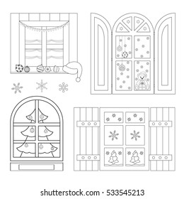 Set of Coloring Christmas windows. Coloring book. Vector illustration.