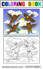 Set coloring and color book. Four sparrows in the sky. Children vector