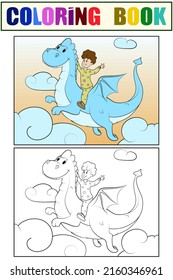 Set of coloring and color picture. Boy flies on a dragon in the sky.