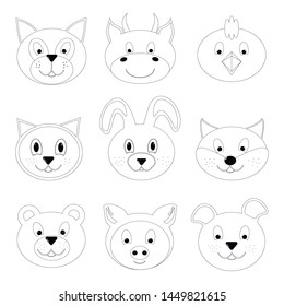 A set of coloring of the faces of animals. In the set: a cow, a dog, a cat, a fox, a wolf, a chicken, a hare, a pig and a bear.