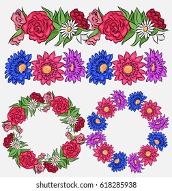 Set of coloring flower brushes and frames.  Vector element for your creativity
