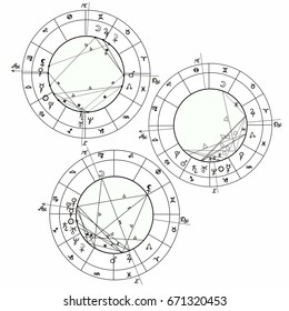 set coloring natal astrological chart, zodiac signs. vector illustration