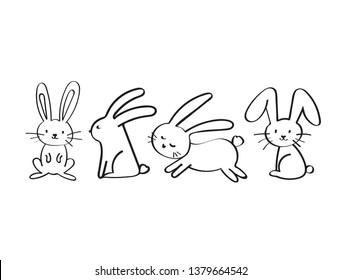 Set of Coloring Page. Adult Coloring Book Set and Antistress freehand sketch with rabbit, bunny. Vector illustration.