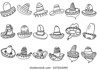 Set coloring page or book of doodle mexican hats sombrero. The culture of Mexico. Cinco de mayo. - Vector. Vector illustration