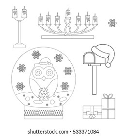 Set of Coloring page: Christmas snow globe with an owl, candlesticks with candles, gifts, mailbox in Father Christmas hat. Coloring book. Vector illustration.