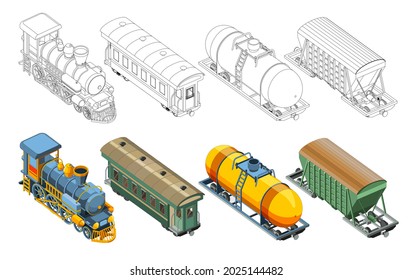 Set with coloring page and colorful steam locomotive, passenger Railway carriage, freight car, wagon canister. Vintage retro train graphic vector. Isolated on white background