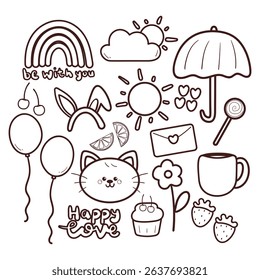 set of coloring page doodle with cute stuff cartoon set.cute drawing for coloring sticker, drawing book