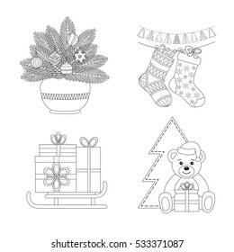 Set of Coloring page: fir branches and balls in a vase, Christmas socks and boots with gifts, sled with gifts, tree and teddy bear. Coloring book. Vector illustration.