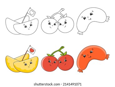 Set coloring page for kids. Cute cartoon characters. Black stroke. With sample. Vector illustration. Barbecue theme.