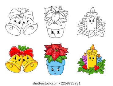 Set coloring page for kids. Cute cartoon characters. Black stroke. With sample. Bright stickers. Vector illustration.