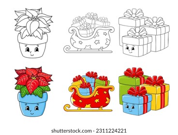Set coloring page for kids. Cute cartoon characters. Black stroke. With sample. Bright stickers. .