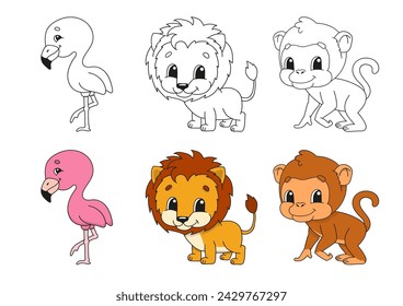 Set coloring page for kids. Cute cartoon characters. Black stroke. With sample. Bright stickers. Vector illustration.