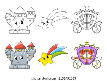 Set coloring page for kids. Fairytale theme. Cute cartoon characters. Black stroke. With sample. Vector illustration.