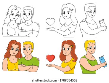Set coloring page for kids. Happy people. Cute cartoon characters. Black stroke. With sample. Vector illustration.