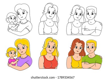Set coloring page for kids. Happy people. Cute cartoon characters. Black stroke. With sample. Vector illustration.