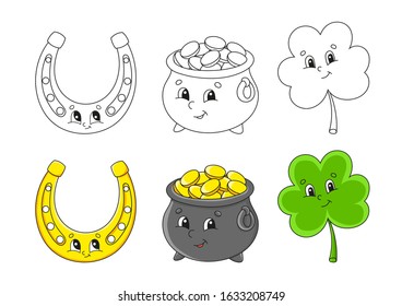 Set coloring page for kids. St. Patrick 's Day. Pot of gold. Cute cartoon characters. Clover shamrock. Golden horseshoe. Black stroke. Vector illustration. With sample.