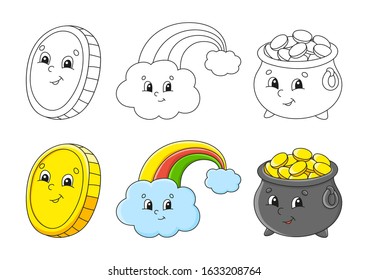 Set coloring page for kids. St. Patrick 's Day. Pot of gold. Magic rainbow. Gold coin. Cute cartoon characters. Black stroke. Vector illustration. With sample.