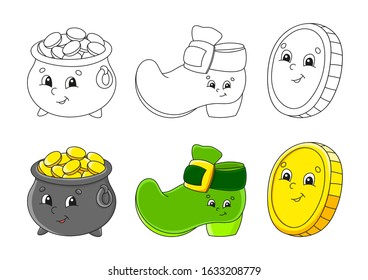 Set coloring page for kids. St. Patrick 's Day. Pot of gold, Leprechaun boot, Gold coin. Cute cartoon characters. Black stroke. Vector illustration. With sample.