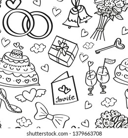 Set of Coloring Page Pattern. Adult Coloring Book Set and Antistress freehand sketch with cake, gift box, glass, bouquet, bunch of flowers, heart. Vector illustration.