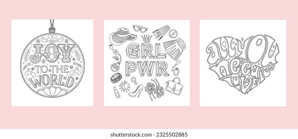 Set of coloring pages for children and adults. Printable lettering illustration, vintage style. Adult coloring, hobby
