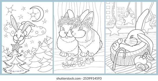 A set of coloring pages for children and adults cute little crocs and bunnies. antistress