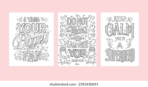 Set of coloring pages for children and adults.Bible quotes. Motivational messages. Printable lettering illustration, vintage style. Adult coloring, hobby

