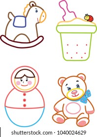 A set of coloring pages for children from three years old. Toys. Color circuit. Vector.