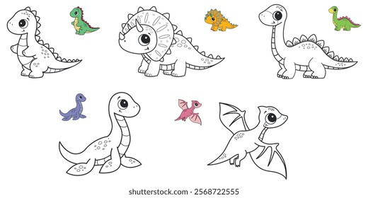 Set of coloring pages with dinosaurs. Vector illustration.