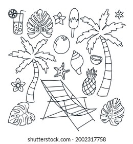 Set coloring pages element vacation. Black and white. Abstract flat.