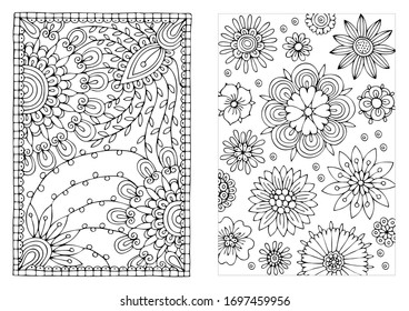 Set of coloring pages with flowers pattern. May be used for print of postcards, congratulation cards or fabric bags. Hand drawn illustration for coloring book in zentangle style.