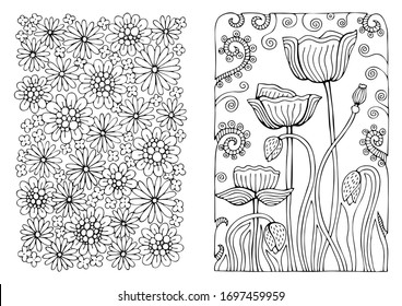 Set of coloring pages with flowers pattern. May be used for print of postcards, congratulation cards or fabric bags. Hand drawn illustration for coloring book in zentangle style.