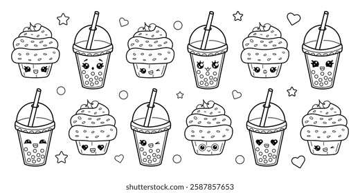  Set of coloring pages of funny bubble tea and cupcake in kawaii style, isolated sweet vector illustration on white background